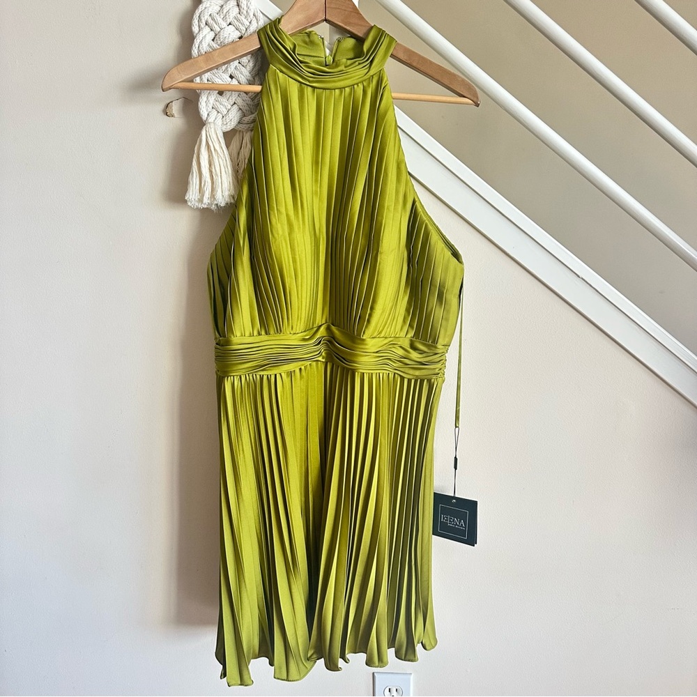 Mac Duggal Pleated High Neck Sleeveless Mini Dress Chartreuse Green Size 12 NWT - Picture 5 of 17
